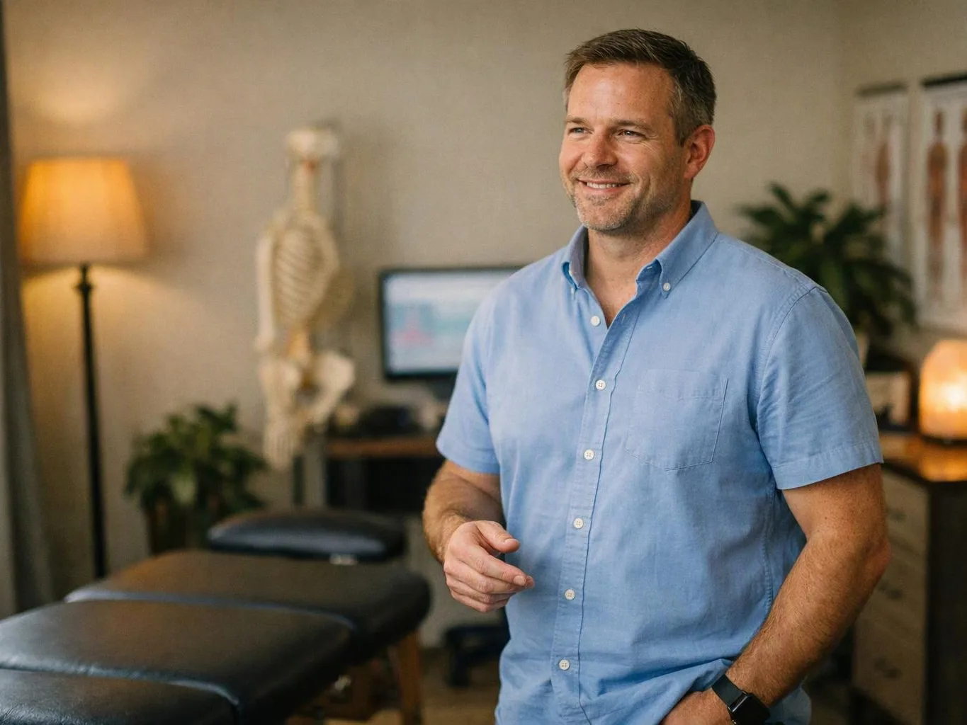 Smiling man in a blue shirt stands in a clinic room beside a treatment table with a skeleton model and lamp
