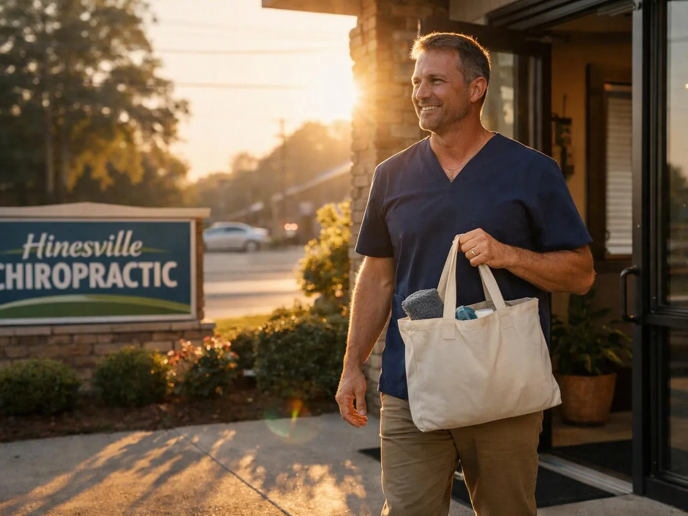 A smiling man in scrubs holds a tote bag outside a building at sunset
