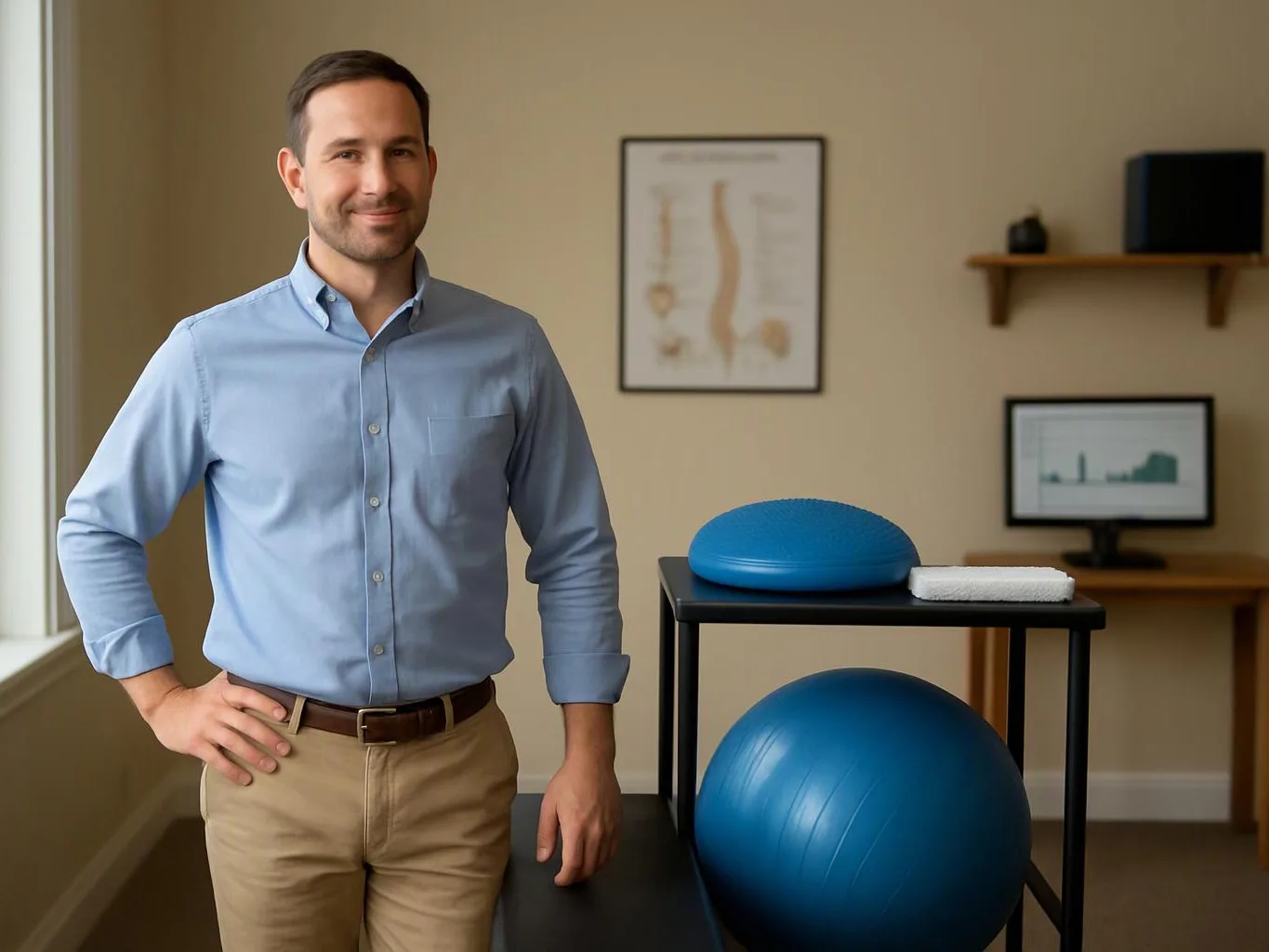 A smiling man stands beside exercise balls and a treatment table in a therapy room