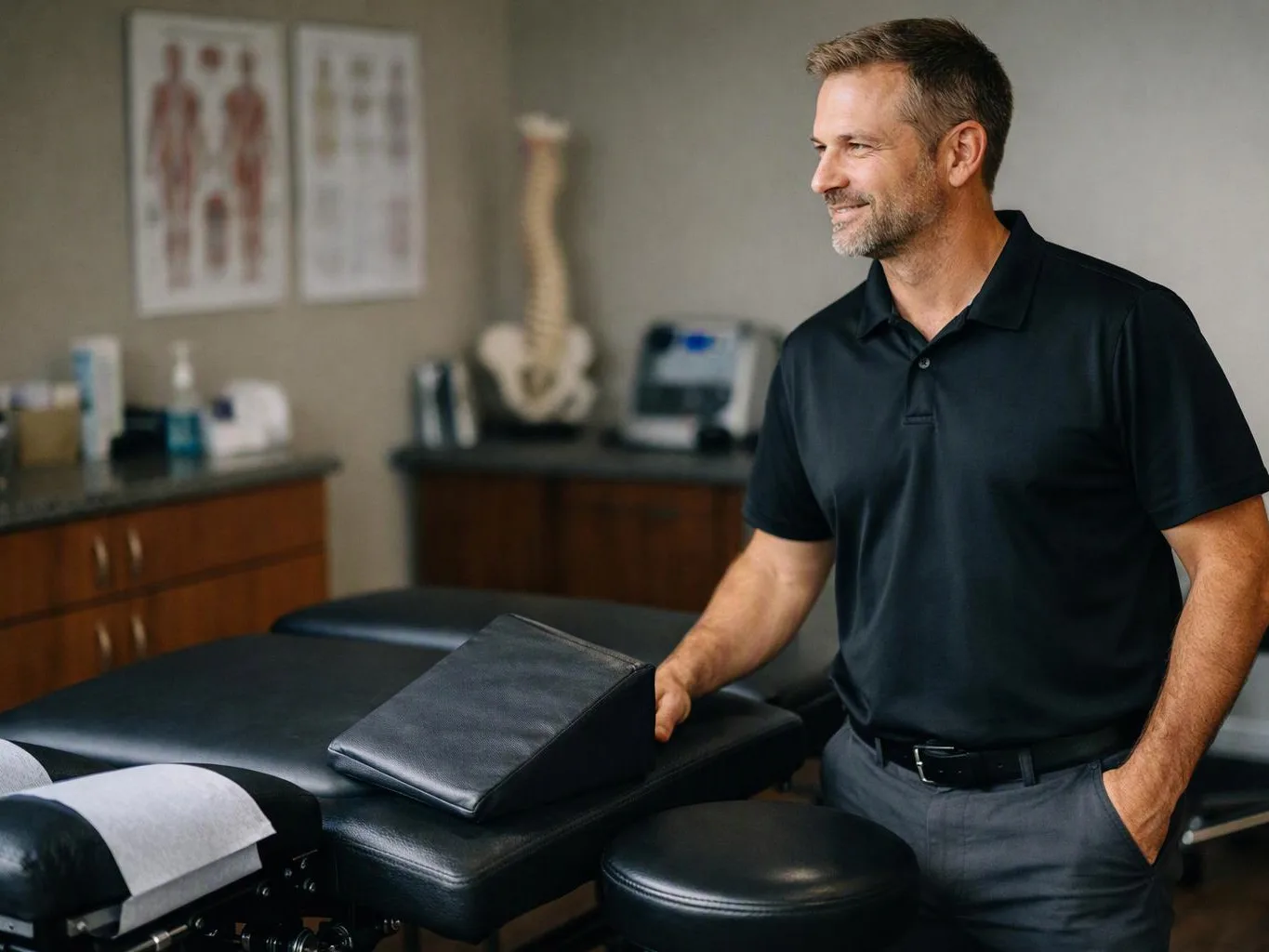 A smiling man stands beside a treatment table in a medical exam room