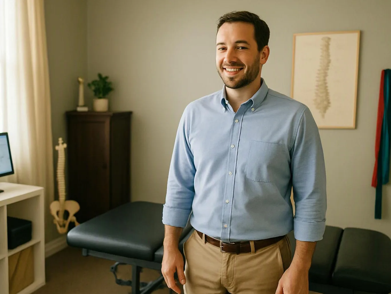 A smiling man stands in a treatment room beside an exam table, with a spine model and framed anatomy print behind him