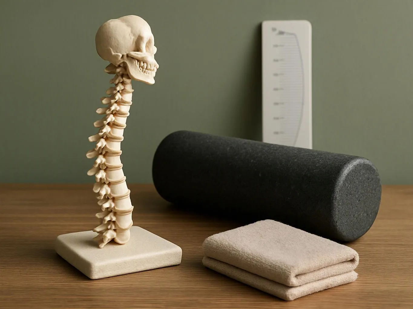 A spine model, foam roller, folded towel, and measuring tool sit on a wooden table against a plain wall
