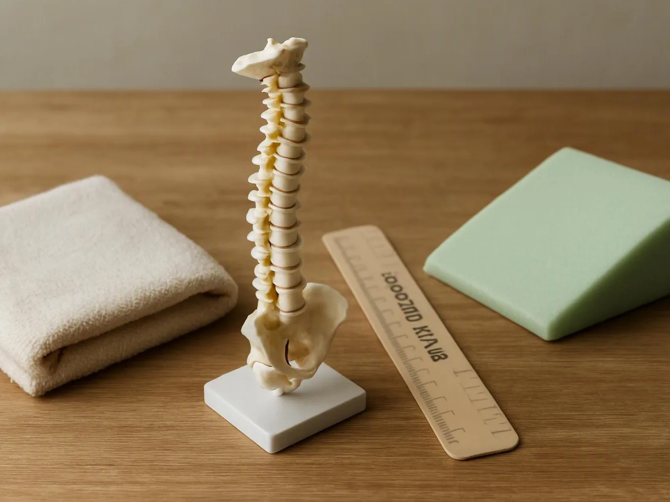 A spine model stands on a white base beside a ruler, folded towel, and foam block on a wooden table