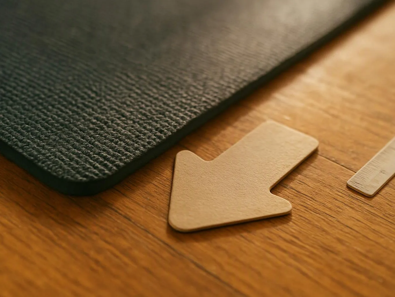 A tan arrow-shaped marker sits on a wooden floor beside a dark textured mat