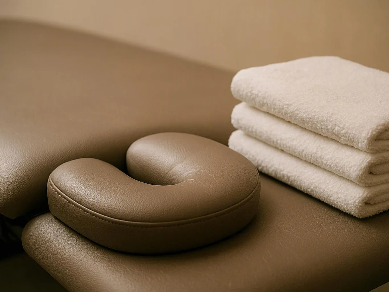 A tan massage table holds a brown neck pillow and a stack of folded white towels