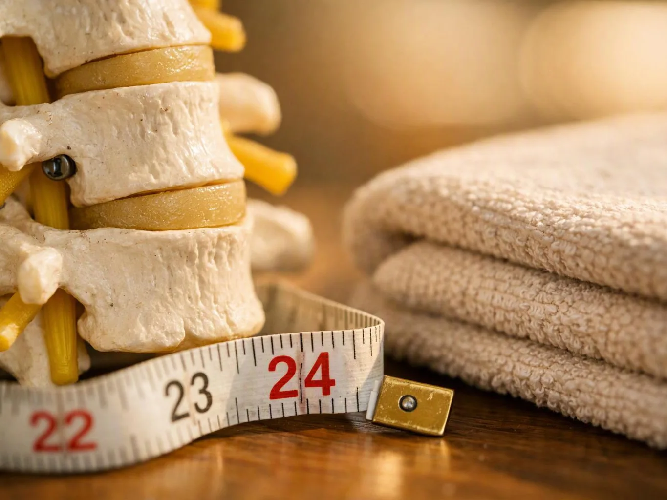 Tape measure wrapped around a spine model beside folded towels on a wooden surface