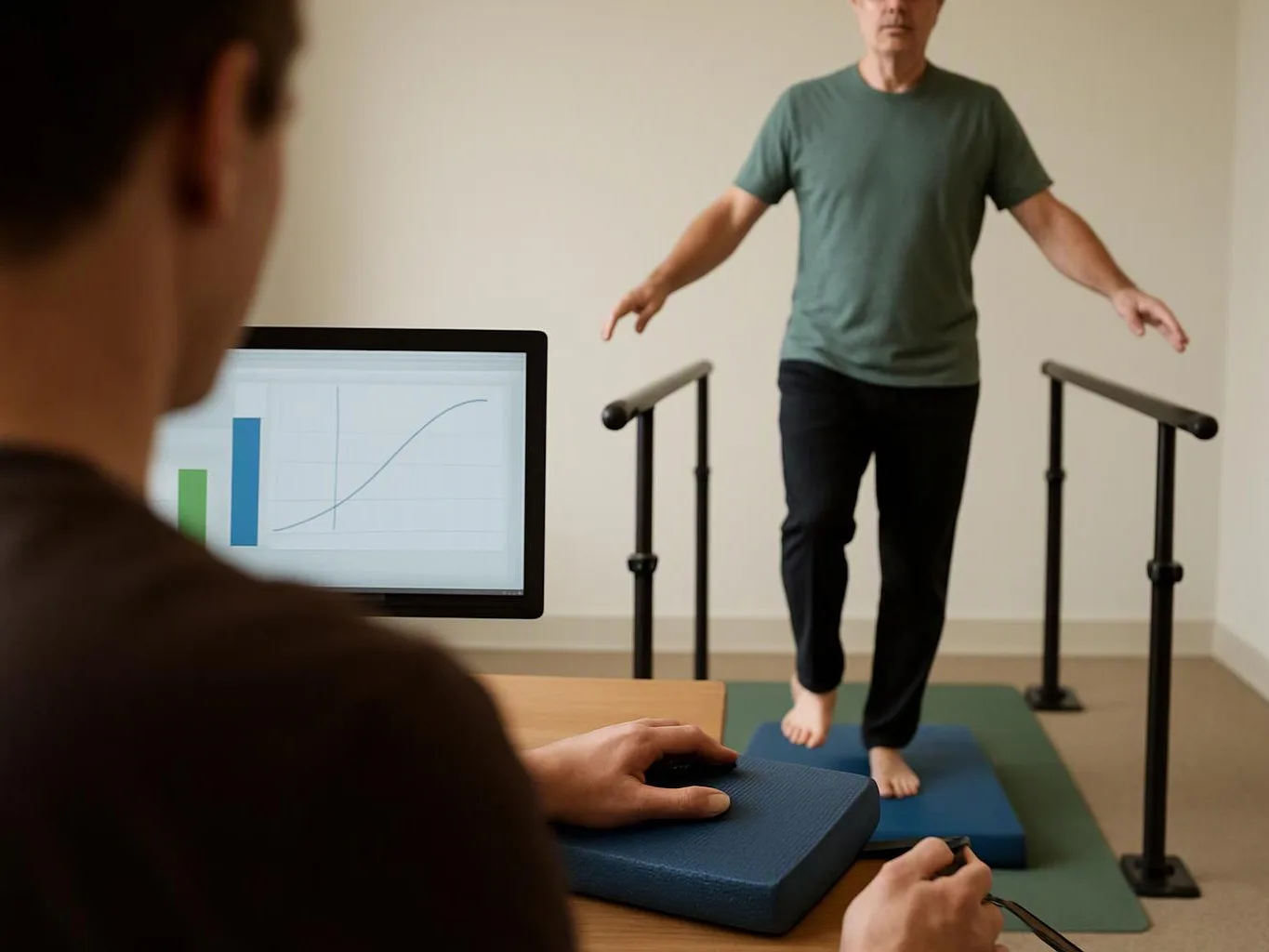A therapist watches a man balance barefoot between parallel bars while a monitor shows a chart