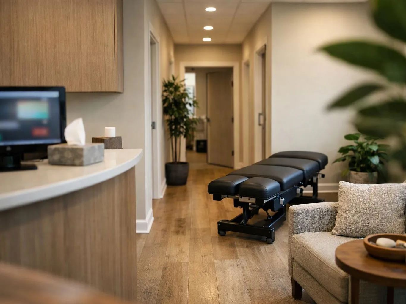 A tidy clinic waiting room shows a treatment table, reception counter, and beige sofa on wood floors