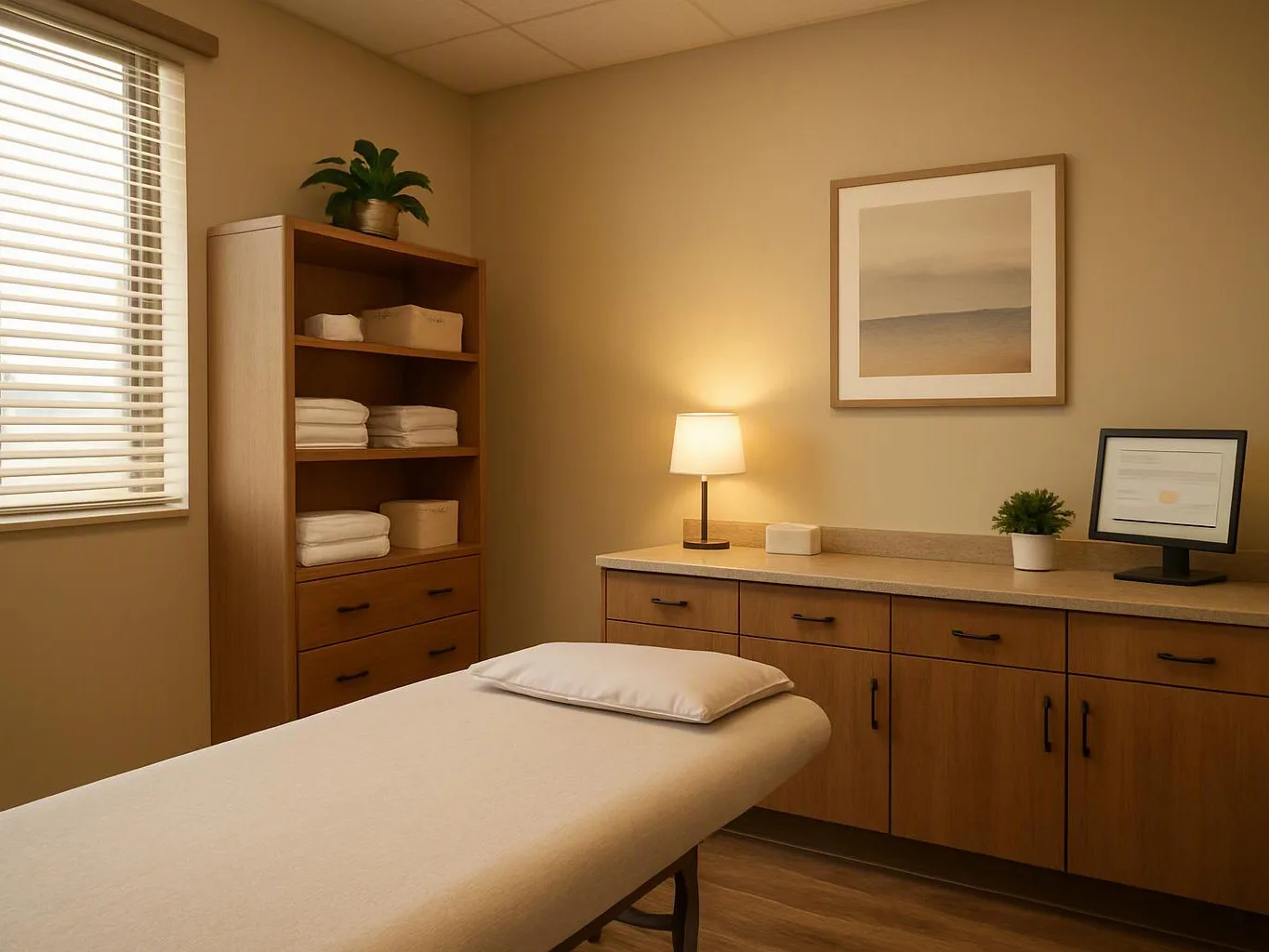 A tidy exam room shows a treatment table, wooden cabinets, a lamp, towels, and framed wall art