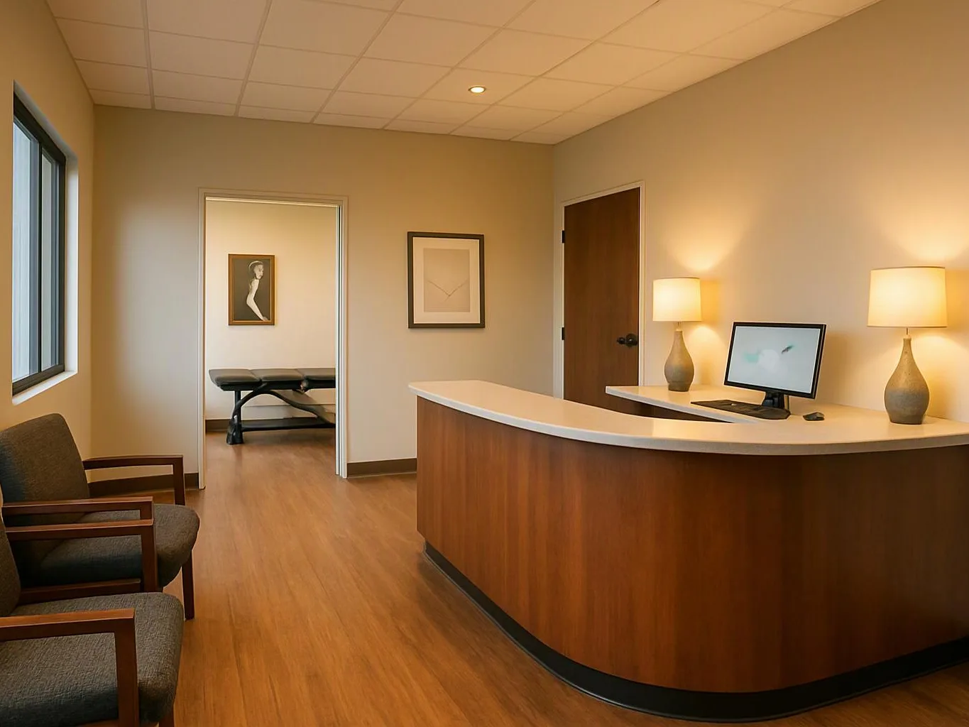 A tidy reception area with a curved desk, two lamps, chairs, and a treatment room doorway in back