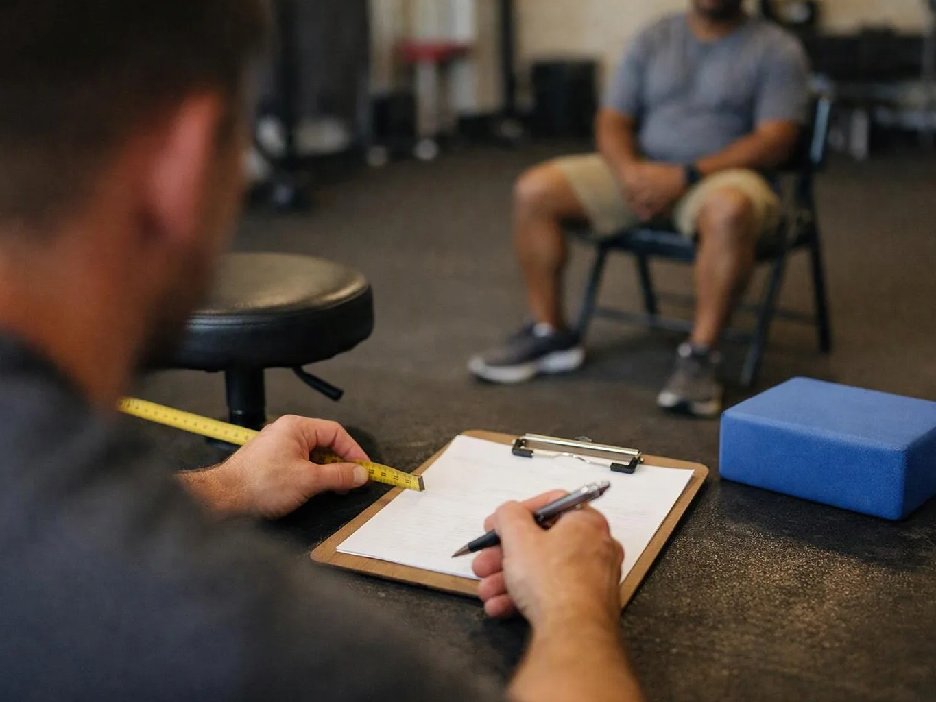 A trainer measures a seated man with a tape measure and fills out notes on a clipboard in a gym