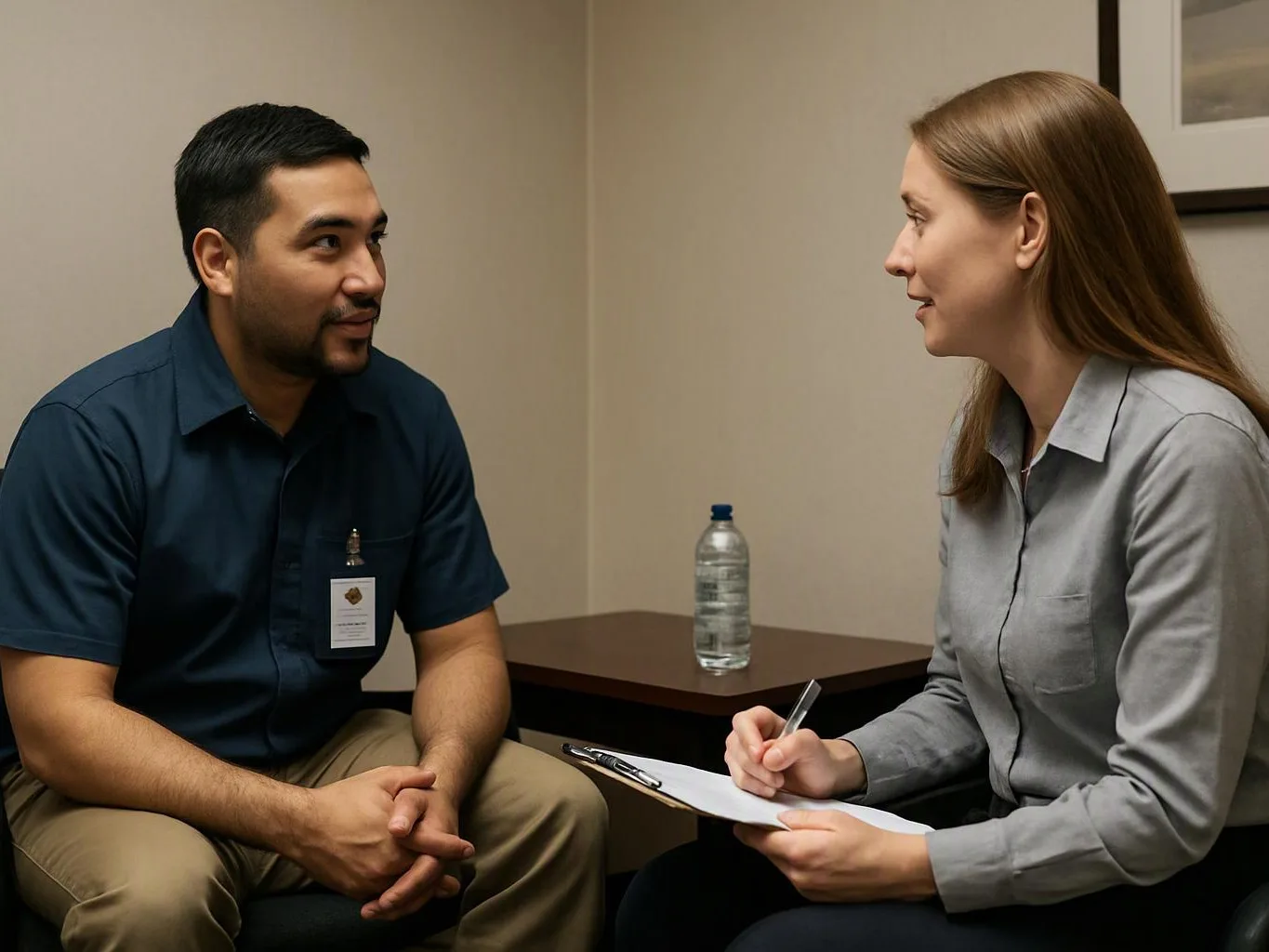 Two adults sit facing each other in a small room while one writes on a clipboard during a conversation