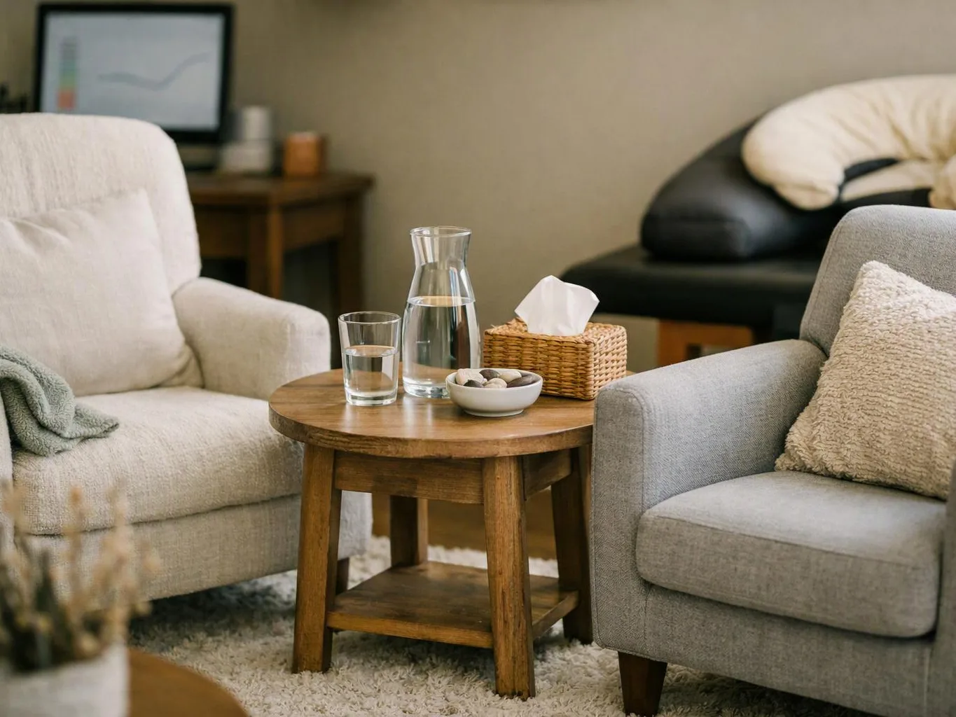 Two armchairs frame a wooden side table with water, a carafe, stones, and a tissue box in a cozy living room