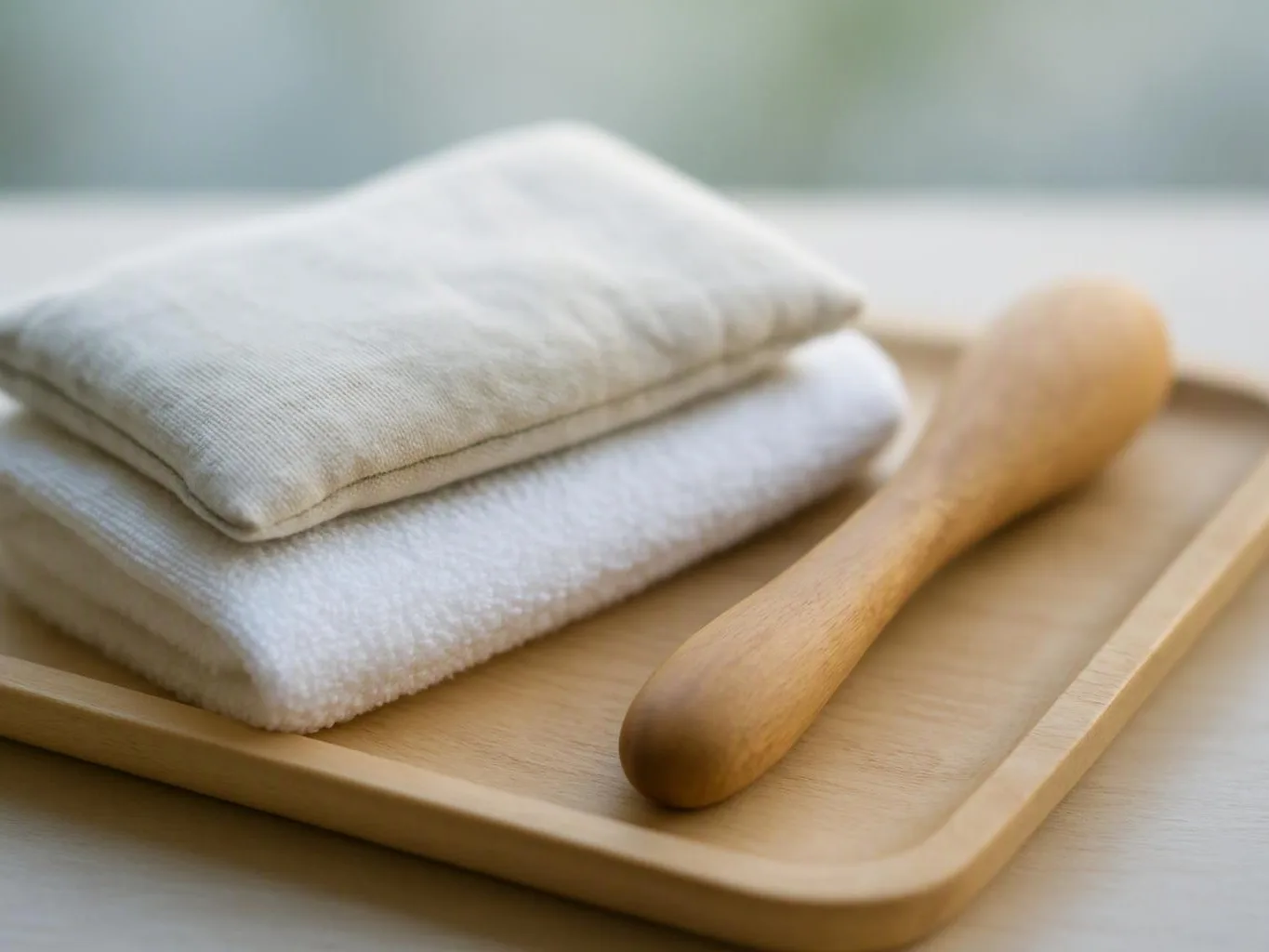 Two folded white towels and a wooden spoon rest on a light wooden tray