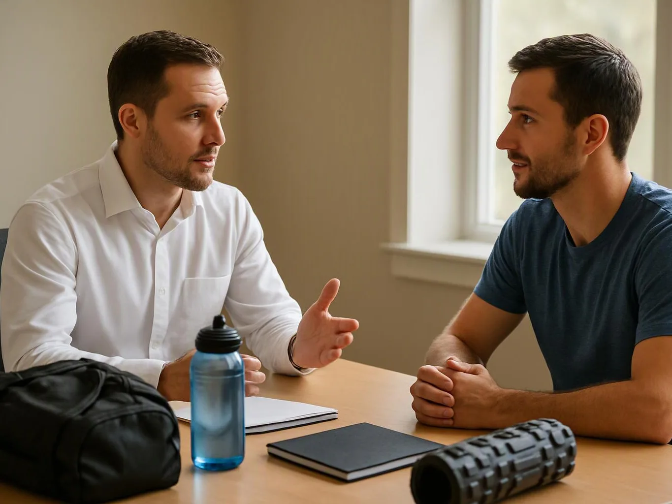 Two men sit across a table in a bright room, talking beside a water bottle, notebooks, and a foam roller