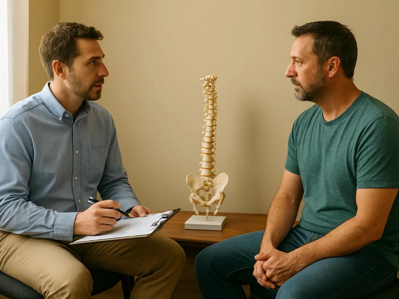 Two men sit facing each other in a clinic room, one taking notes beside a spine model
