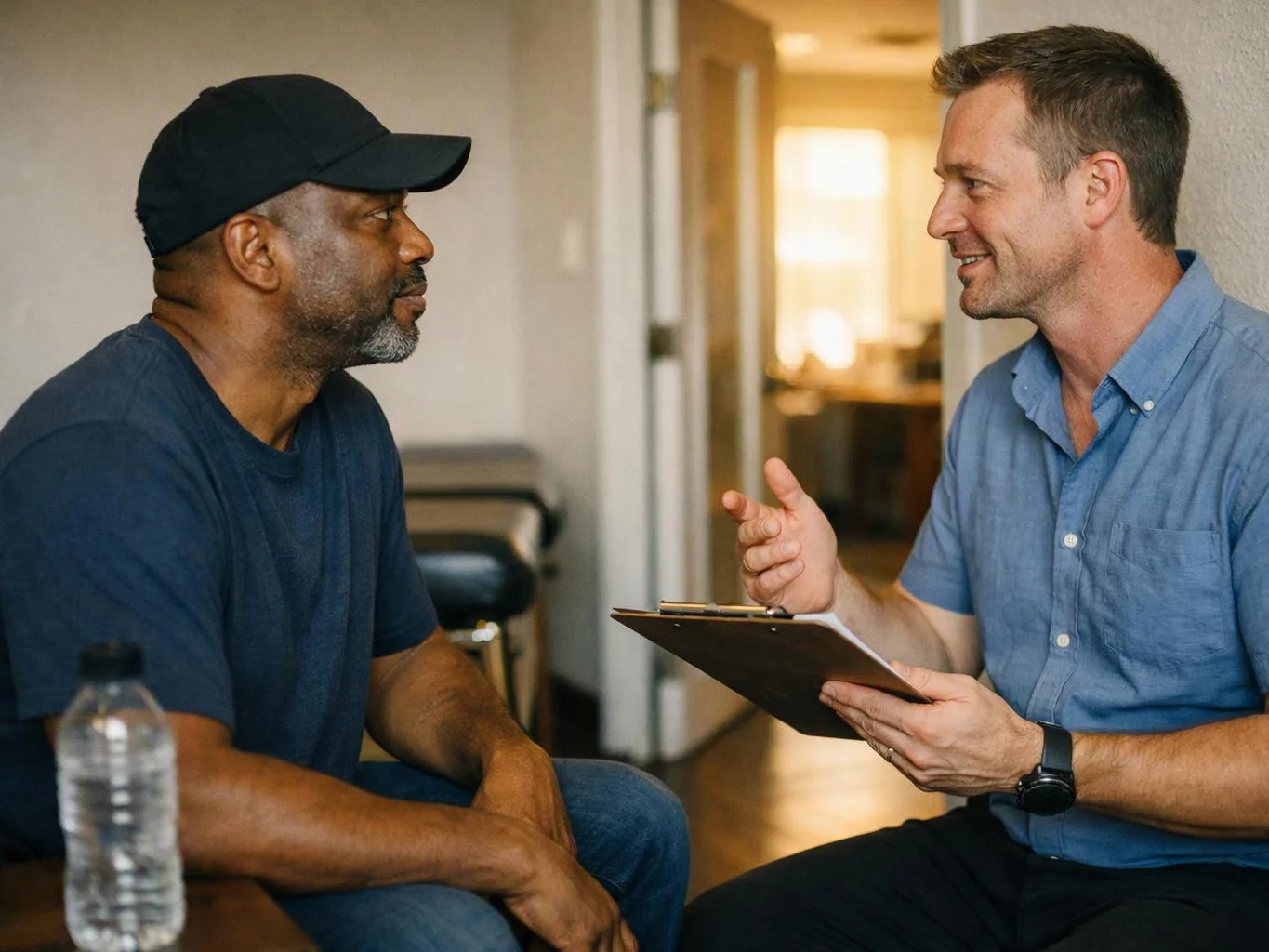 Two men sit facing each other in a room, one talks with a clipboard while the other listens