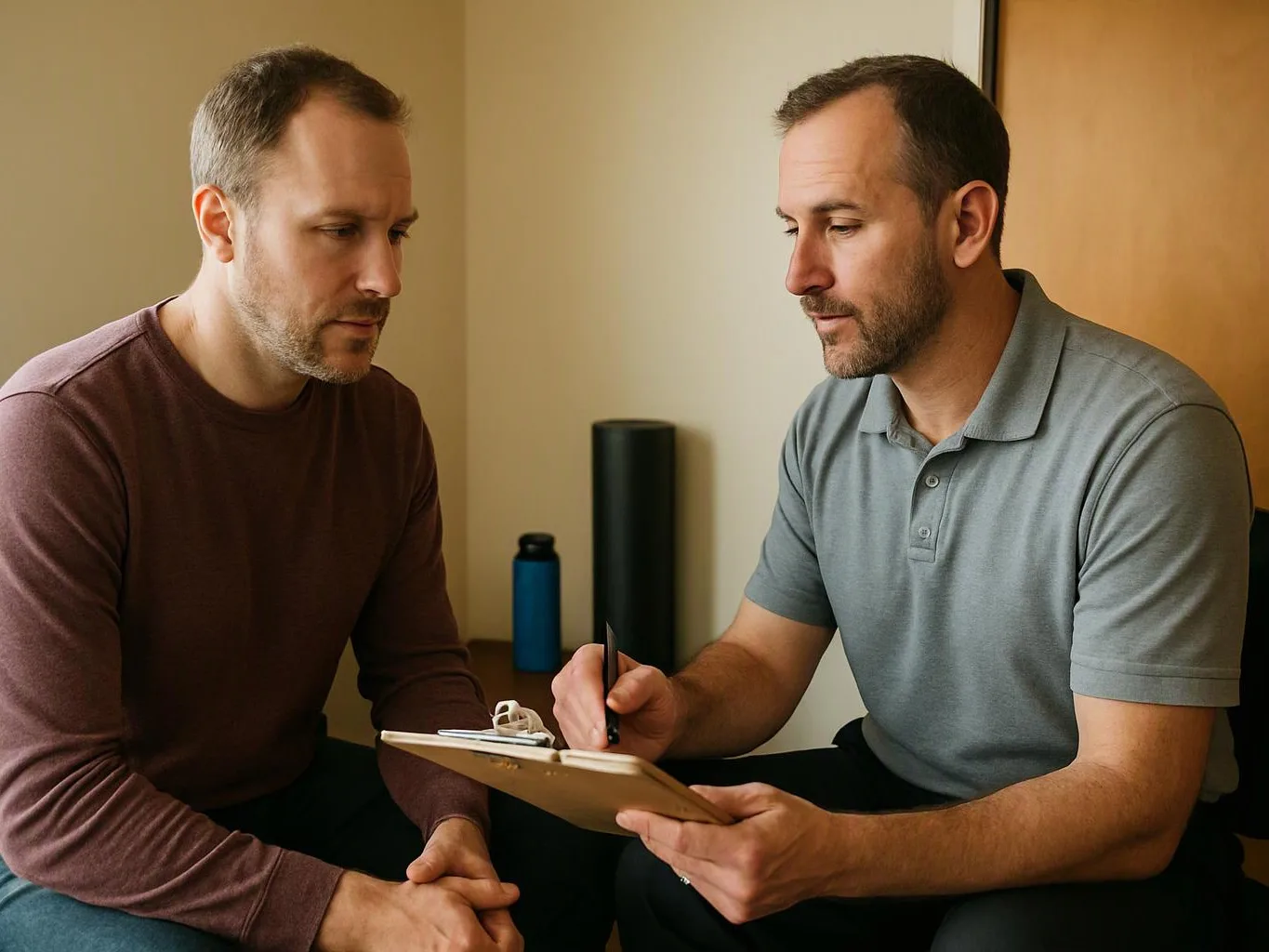 Two men sit indoors, one writing on a clipboard while the other watches closely