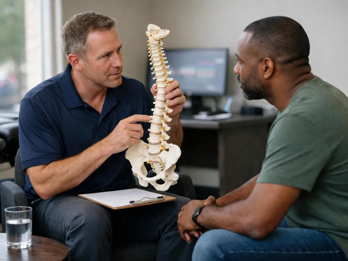 Two men sit in a room while one points at a spine model and explains it to the other