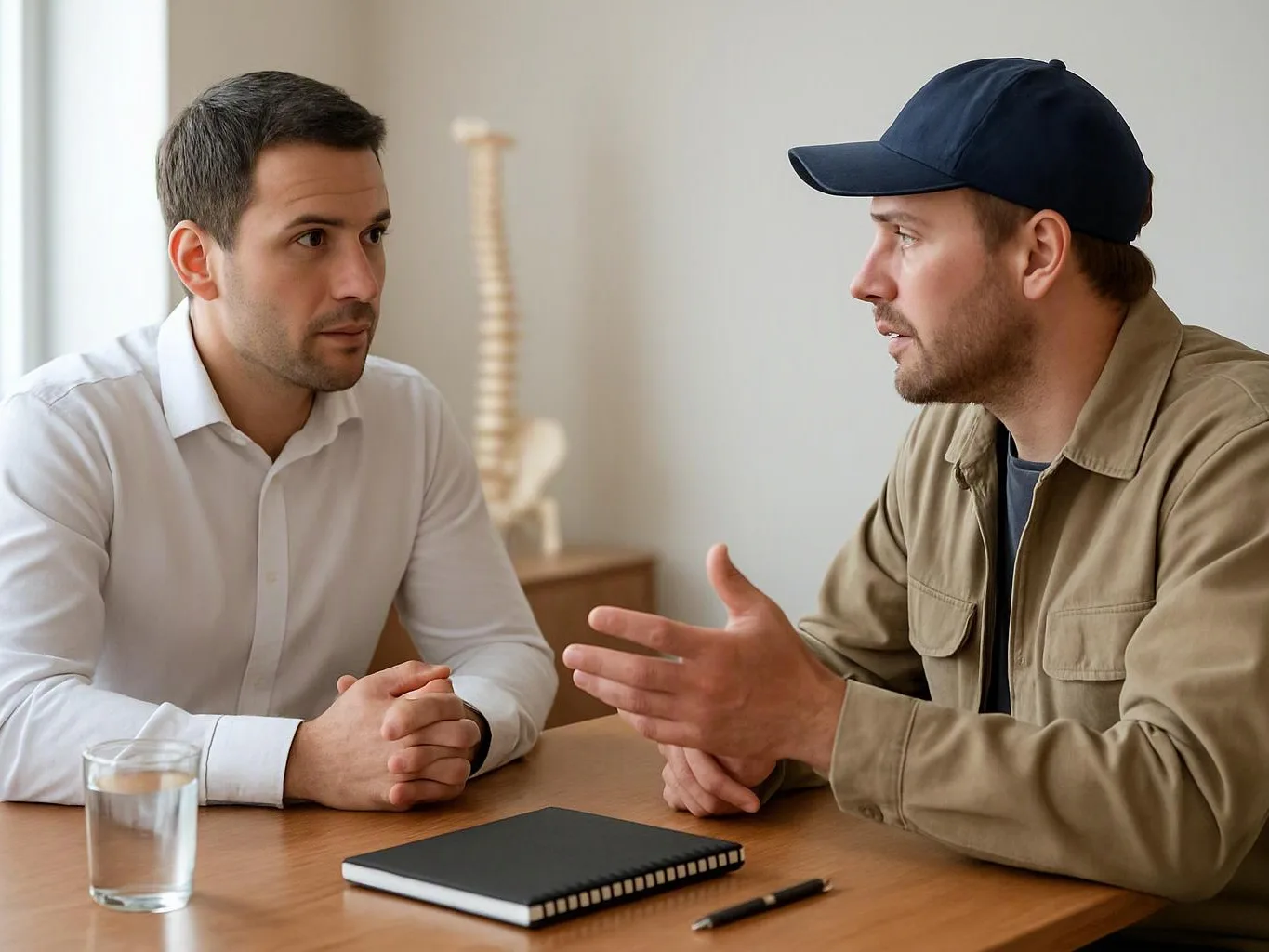 Two men sit at a table in a bright room, talking with a notebook, pen, and glass of water nearby