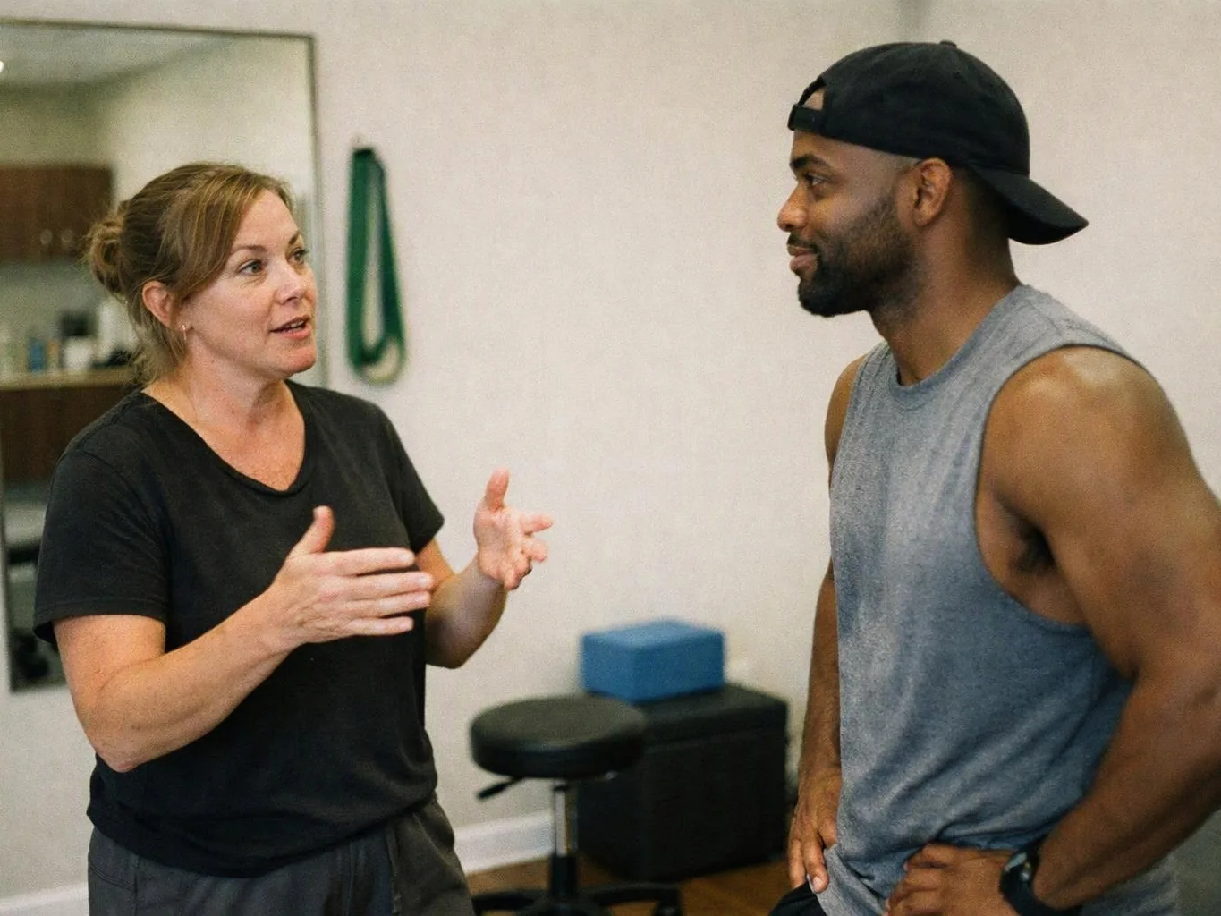 Two people talk in a gym room, with one woman gesturing toward a man in a backward cap and sleeveless shirt