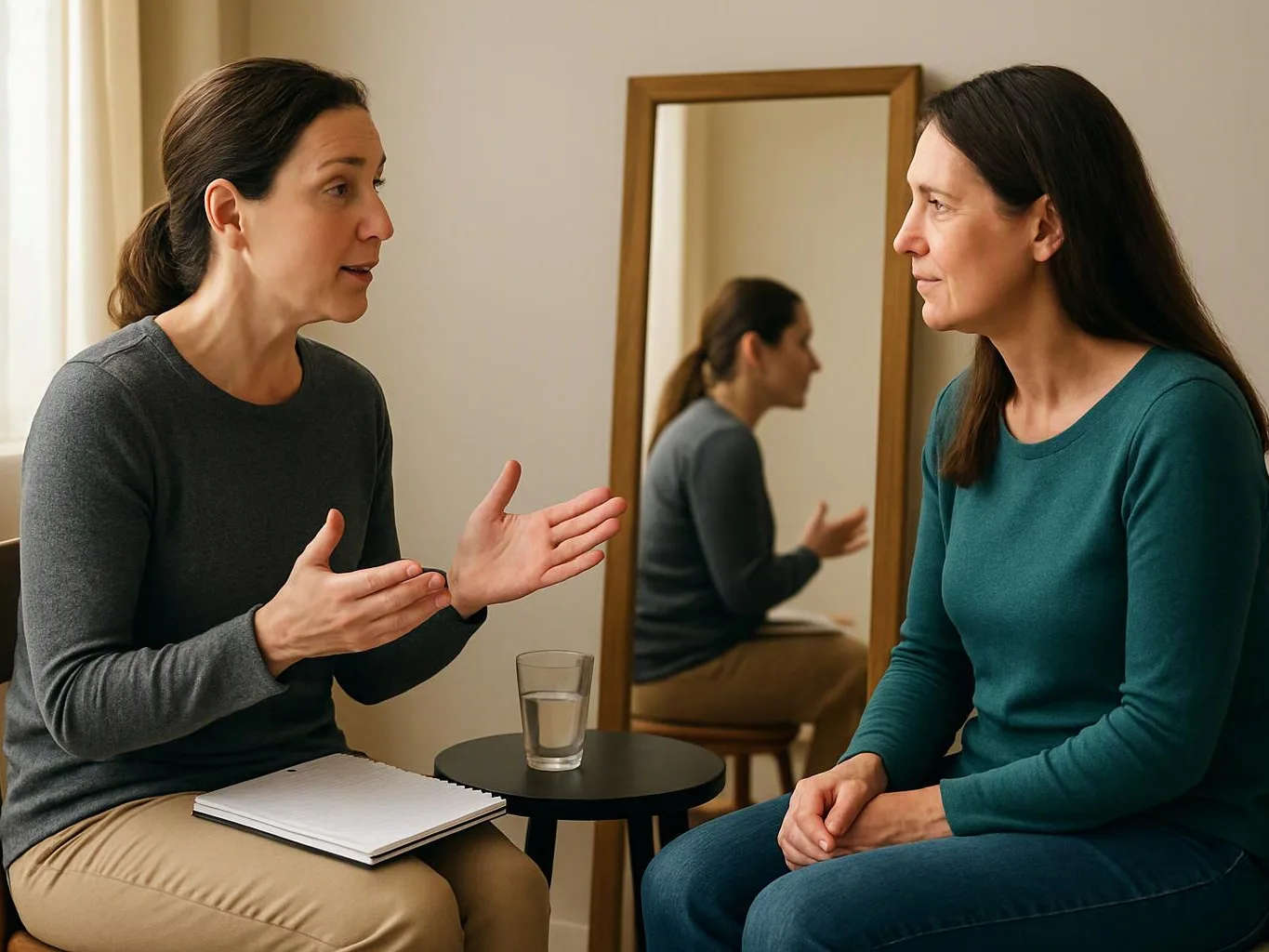 Two women sit facing each other in a room, one talking with hand gestures beside a notebook and glass