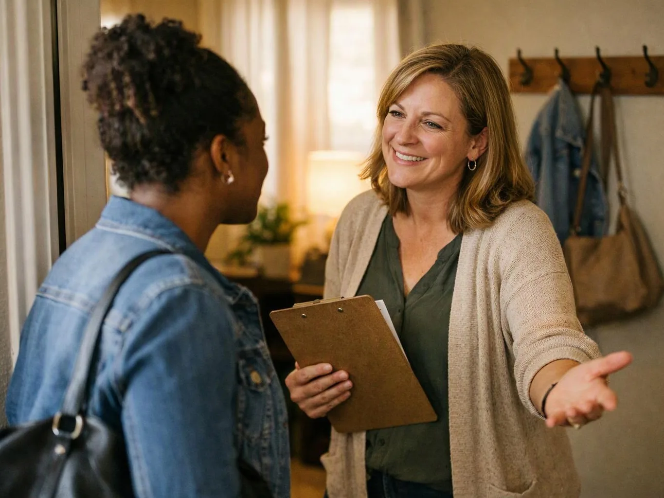 Two women talk in a warmly lit entryway, one holding a clipboard and smiling with an outstretched hand