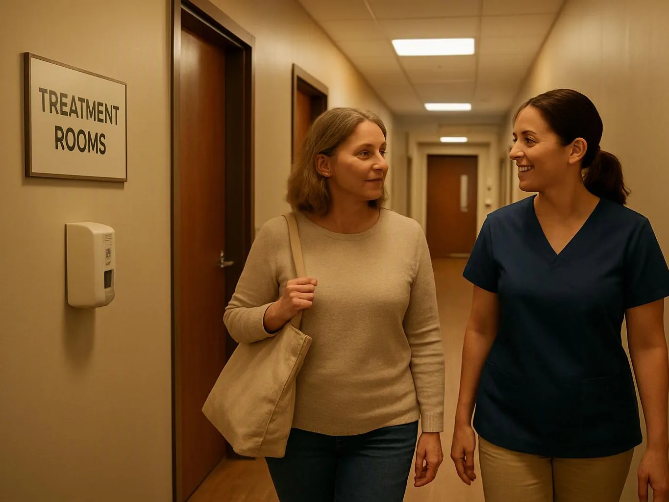 Two women walk and talk in a hallway beside a sign reading “TREATMENT ROOMS”