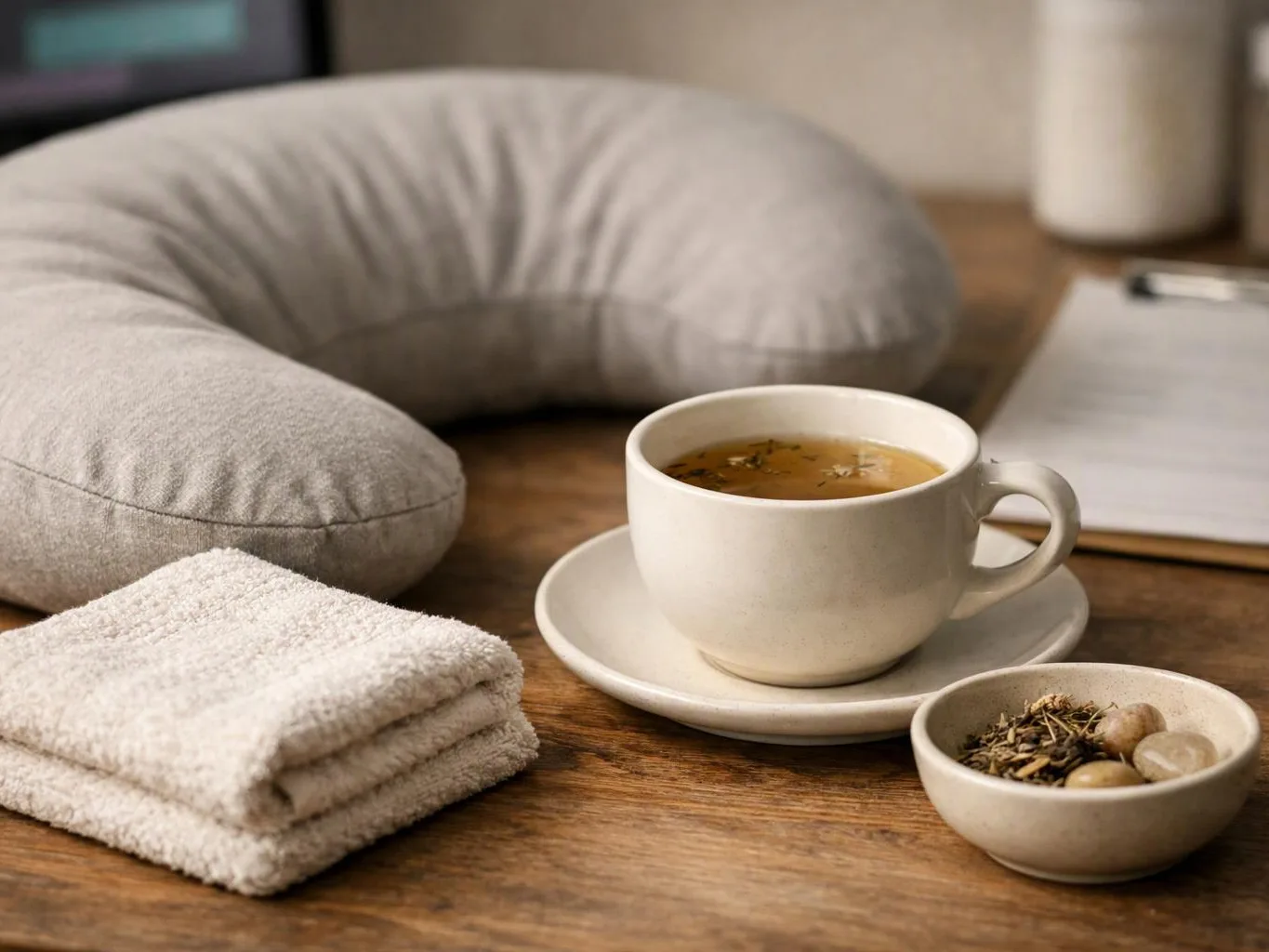 A white teacup on a saucer sits beside folded towels, a neck pillow, and a small bowl on a wooden table
