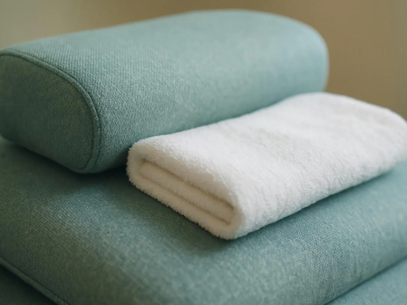 A white towel lies folded on stacked teal cushions against a soft beige background