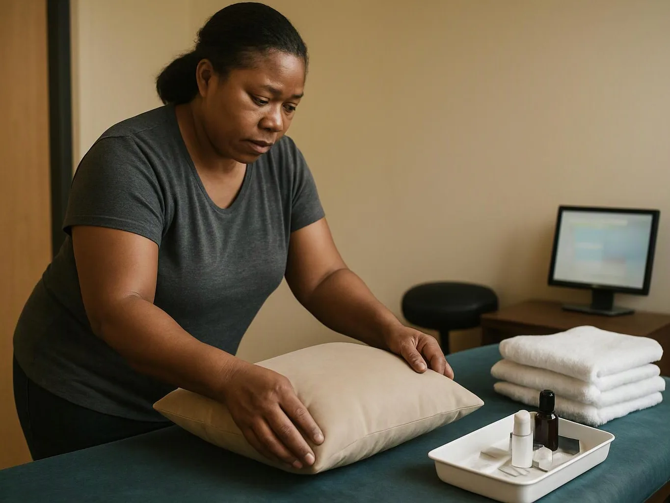 A woman arranges a pillow on a massage table beside folded towels and small bottles in a quiet room