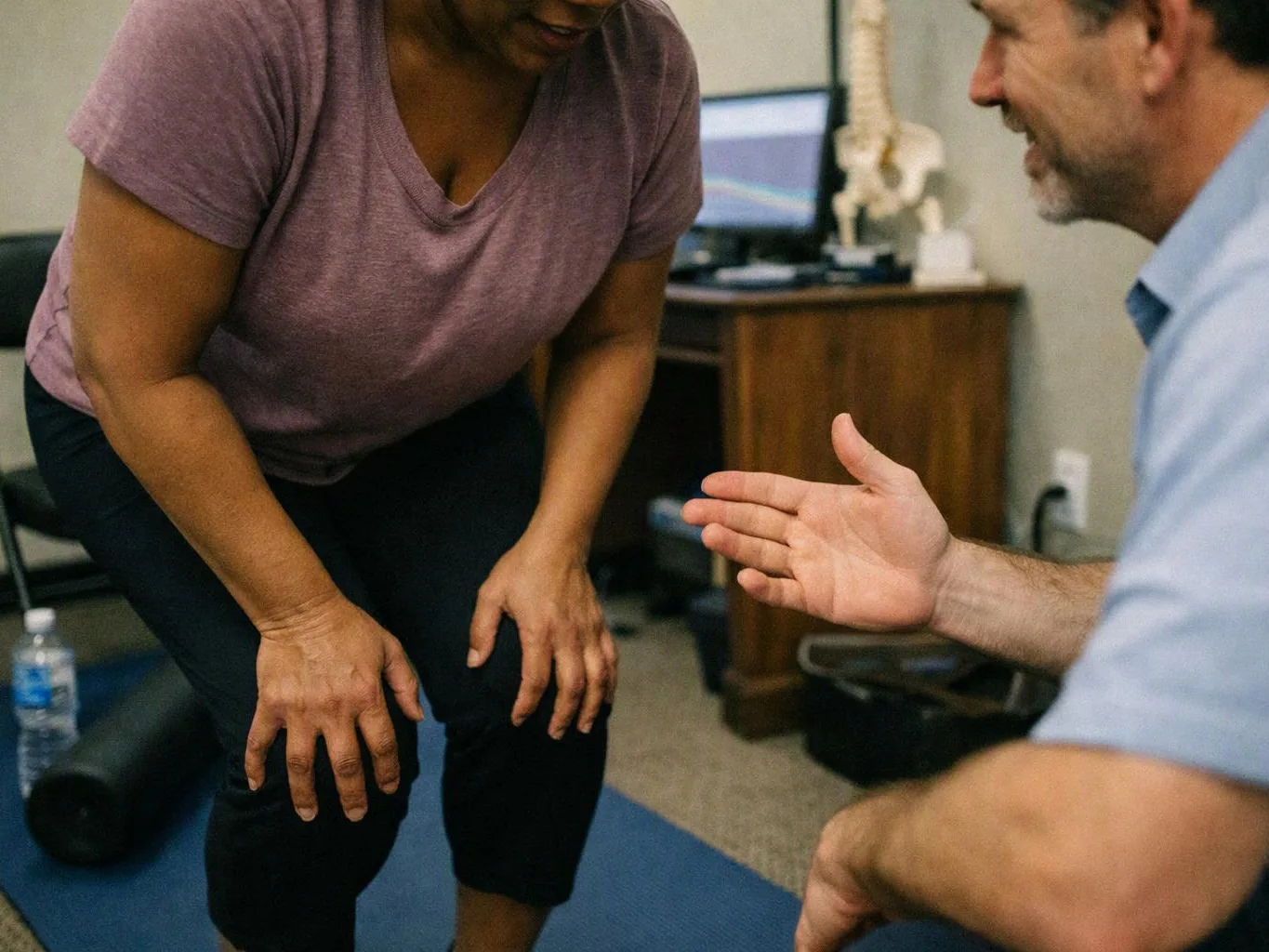 A woman bends forward while a seated man gestures toward her in a clinic room
