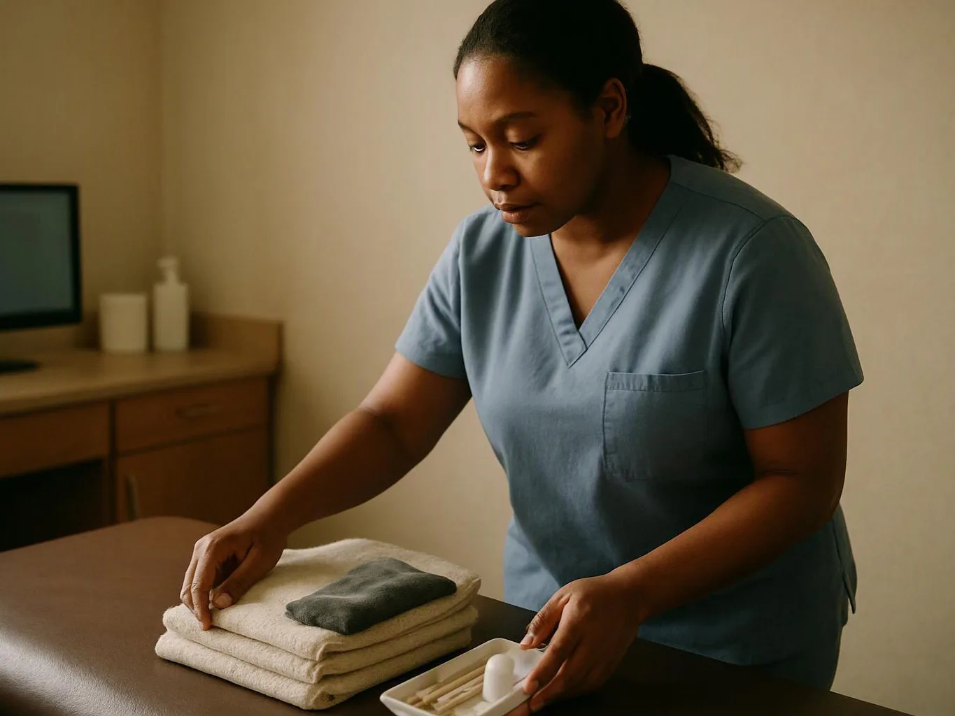 A woman in blue scrubs arranges folded towels and small supplies on a table in a plain room