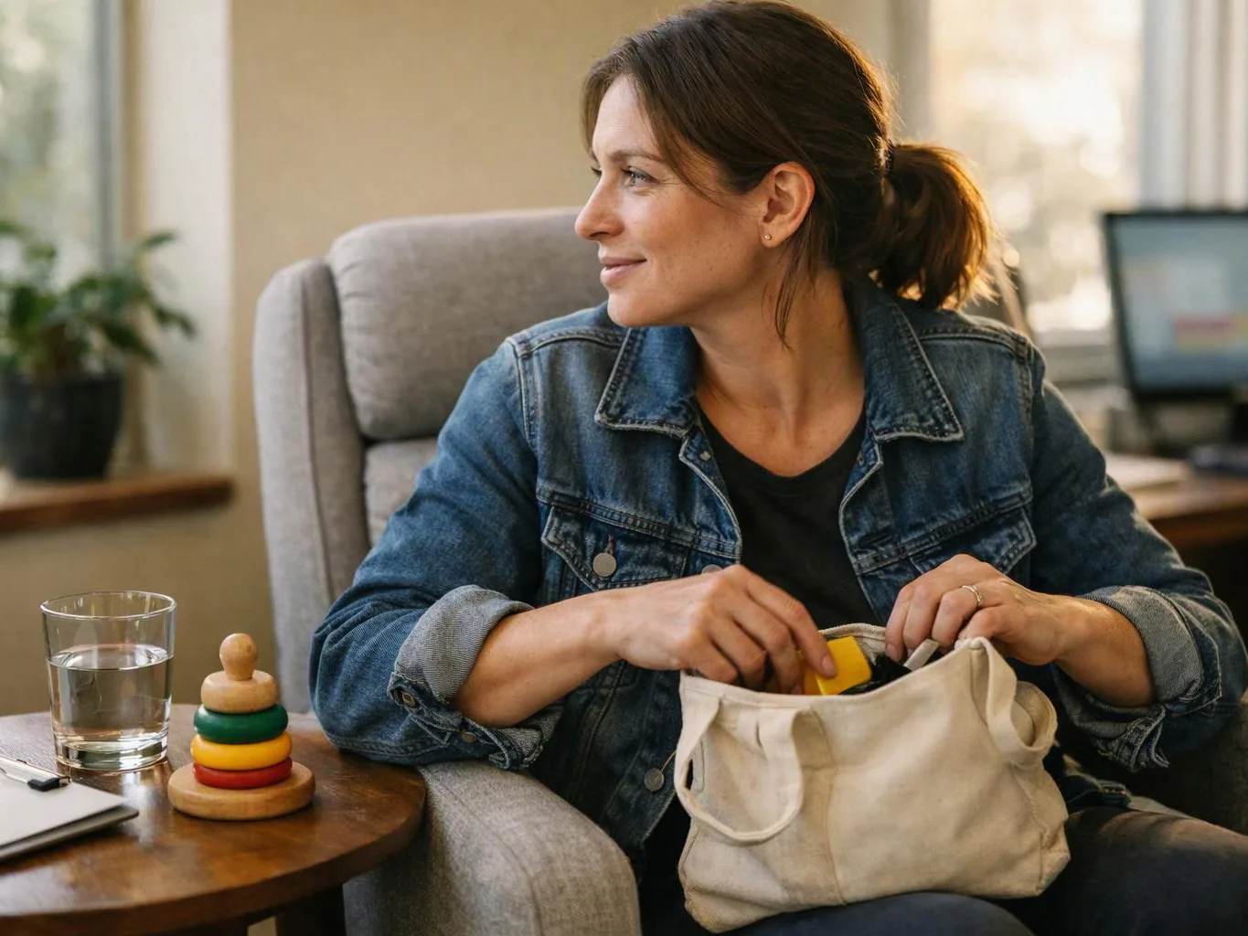 Woman in a denim jacket sits in an armchair, reaching into a canvas bag beside a glass and toy stack