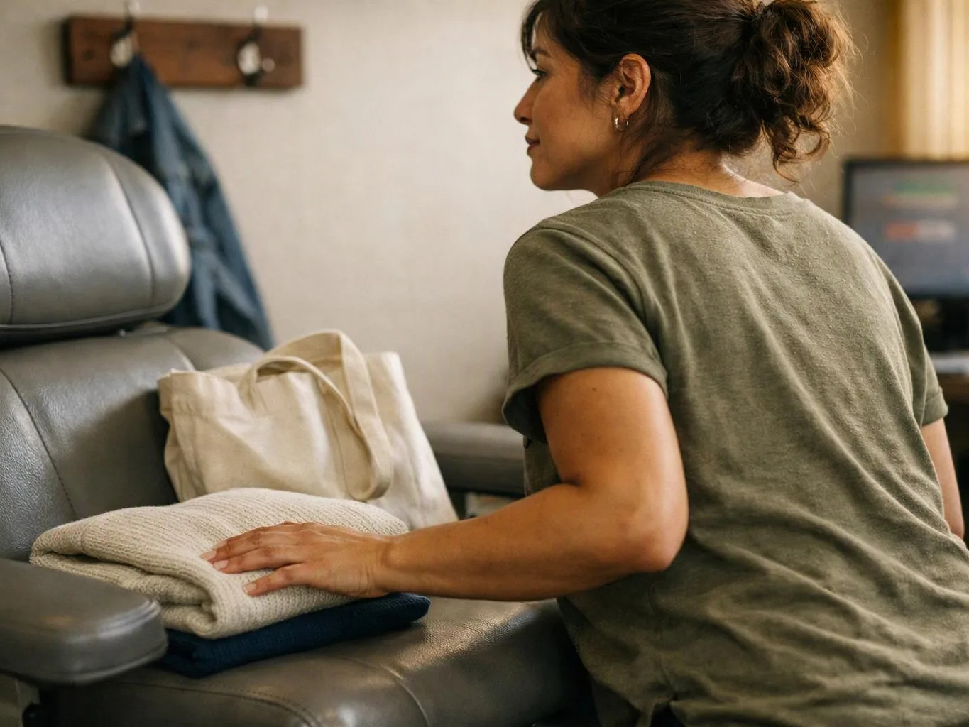 A woman folds clothes on a leather chair in a softly lit living room