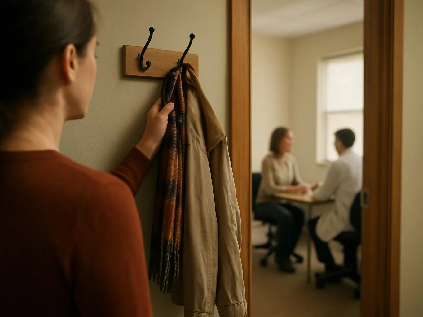 A woman hangs a scarf and coat on wall hooks while two blurred people talk at a table in the next room