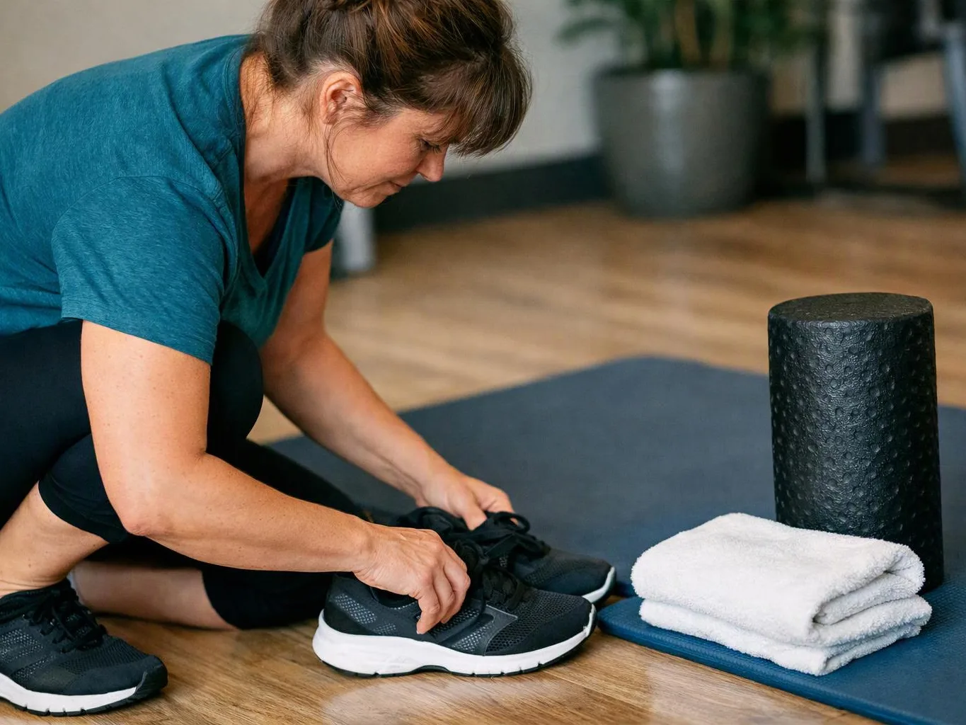A woman kneels on a gym floor and ties her black sneaker beside a yoga mat and rolled towel