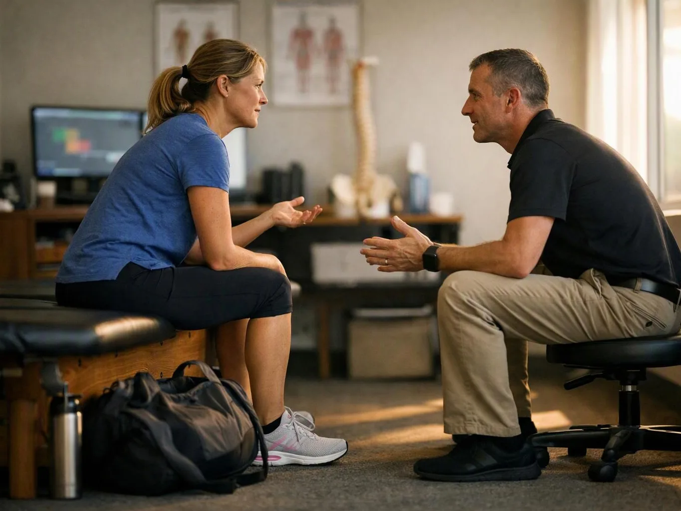 A woman and man sit facing each other in a clinic room, talking with hands gesturing near an exam table