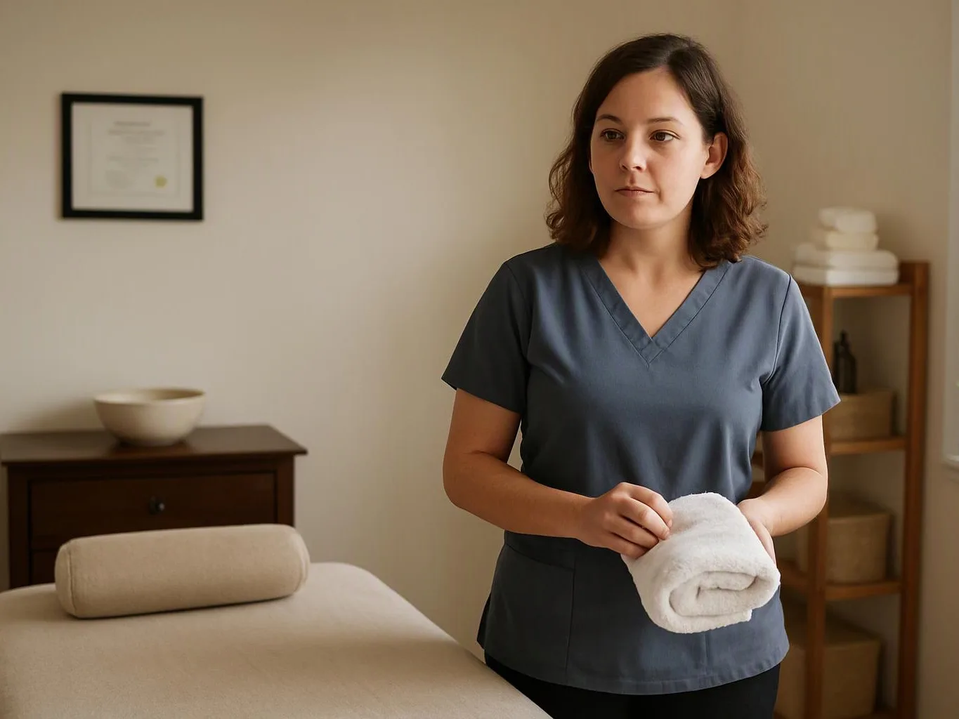 A woman in scrubs holds a rolled white towel beside a massage table in a calm treatment room