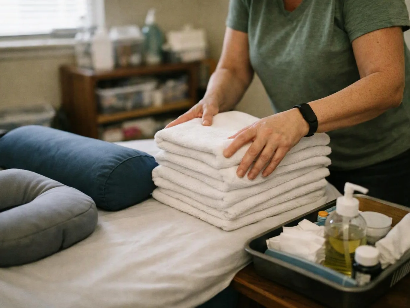 A woman stacks folded white towels on a massage table beside pillows and a tray of toiletries