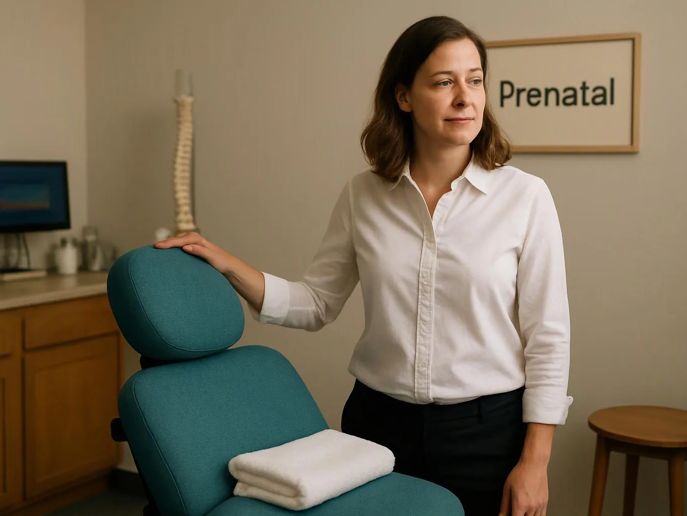 A woman stands beside a teal exam chair in a prenatal office, resting her hand on the headrest