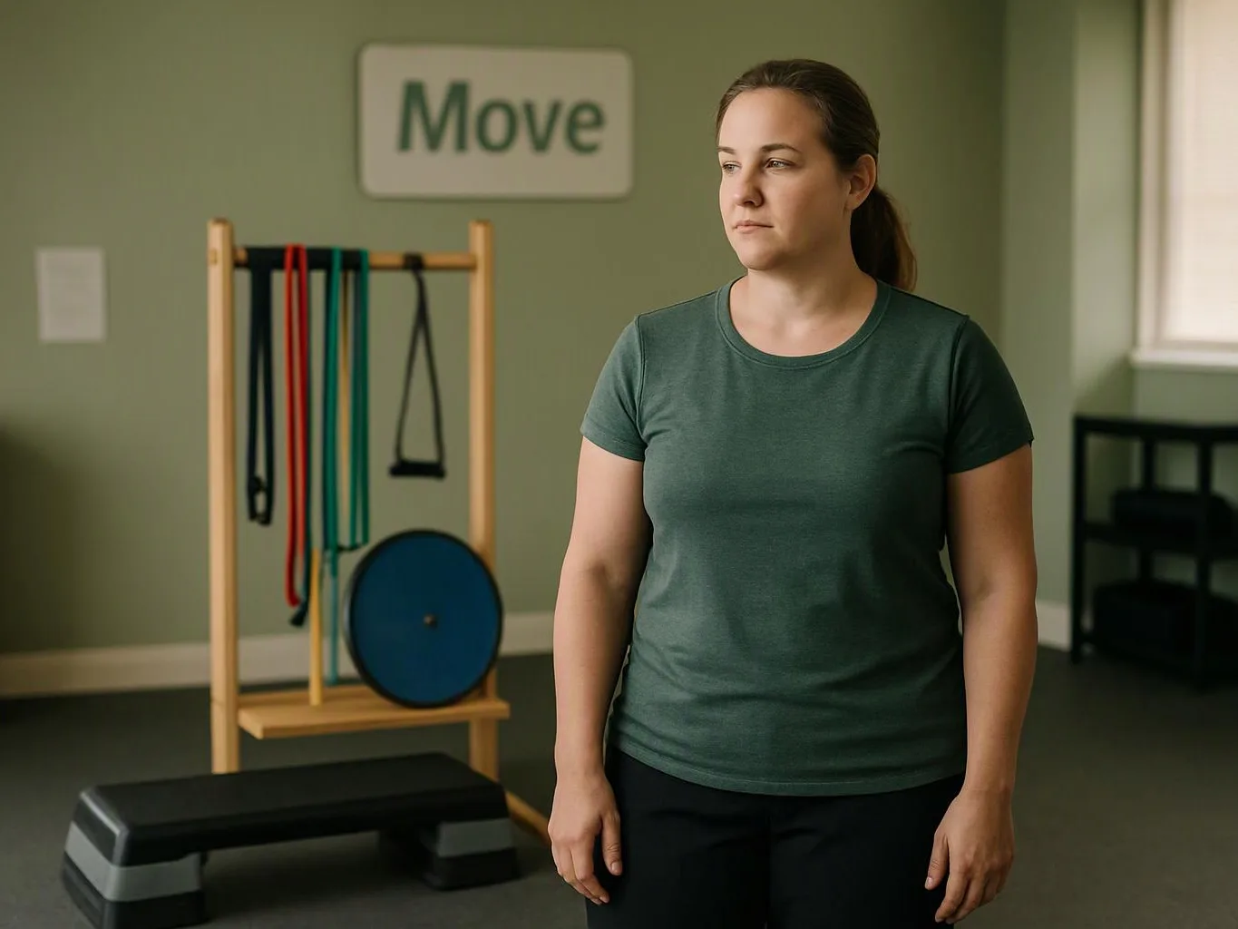 A woman stands in a workout room beside exercise bands, a balance board, and a step bench