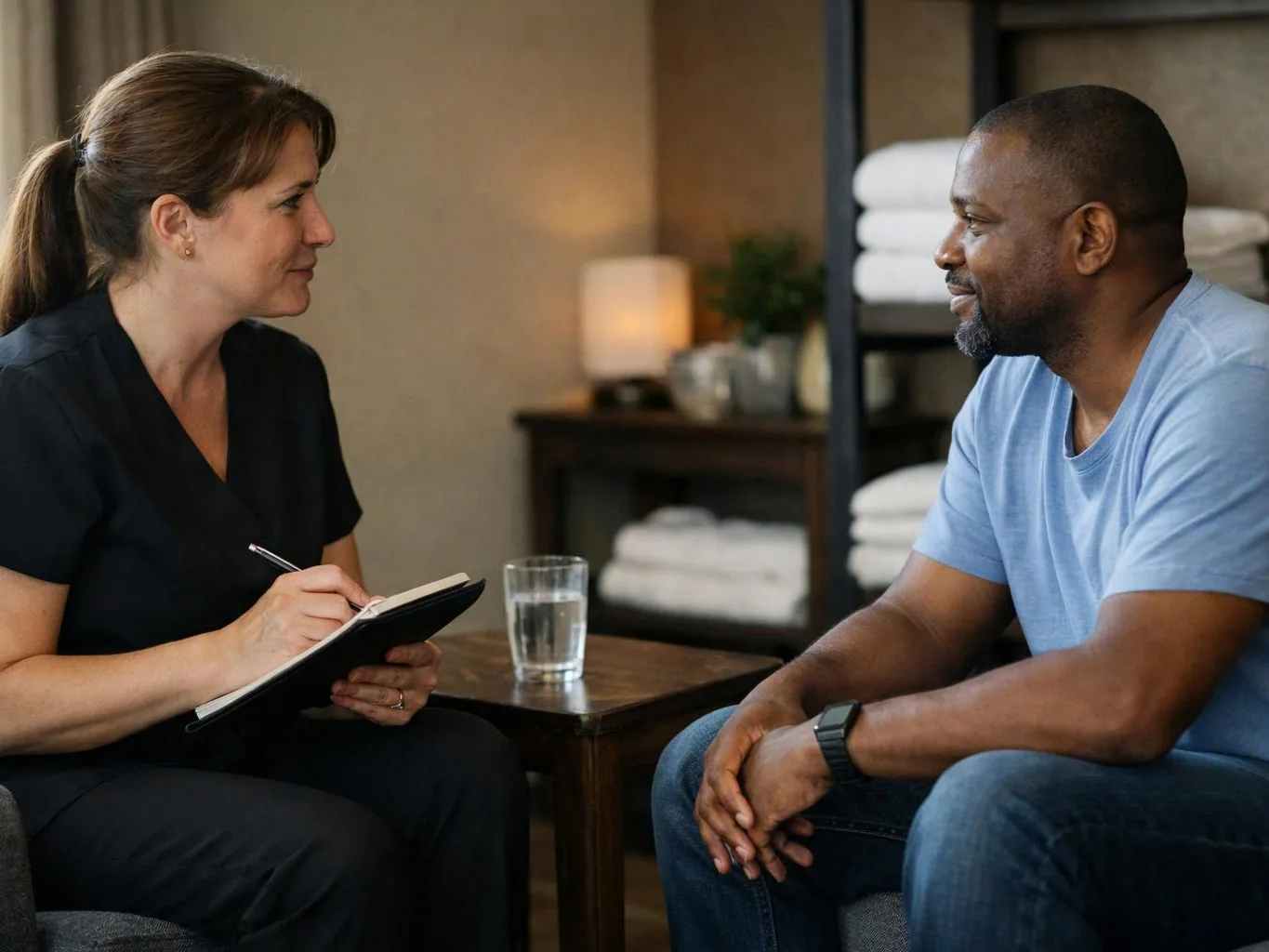 A woman takes notes while talking with a seated man in a calm therapy room