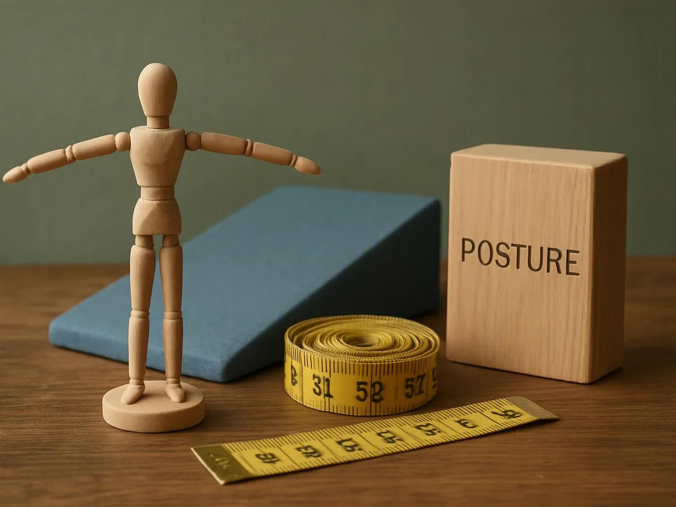 A wooden mannequin stands beside a blue foam ramp, measuring tapes, and a block labeled POSTURE on a table