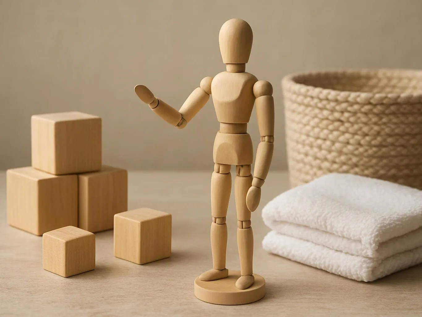 A wooden mannequin stands beside stacked cubes, folded towels, and a woven basket on a tabletop