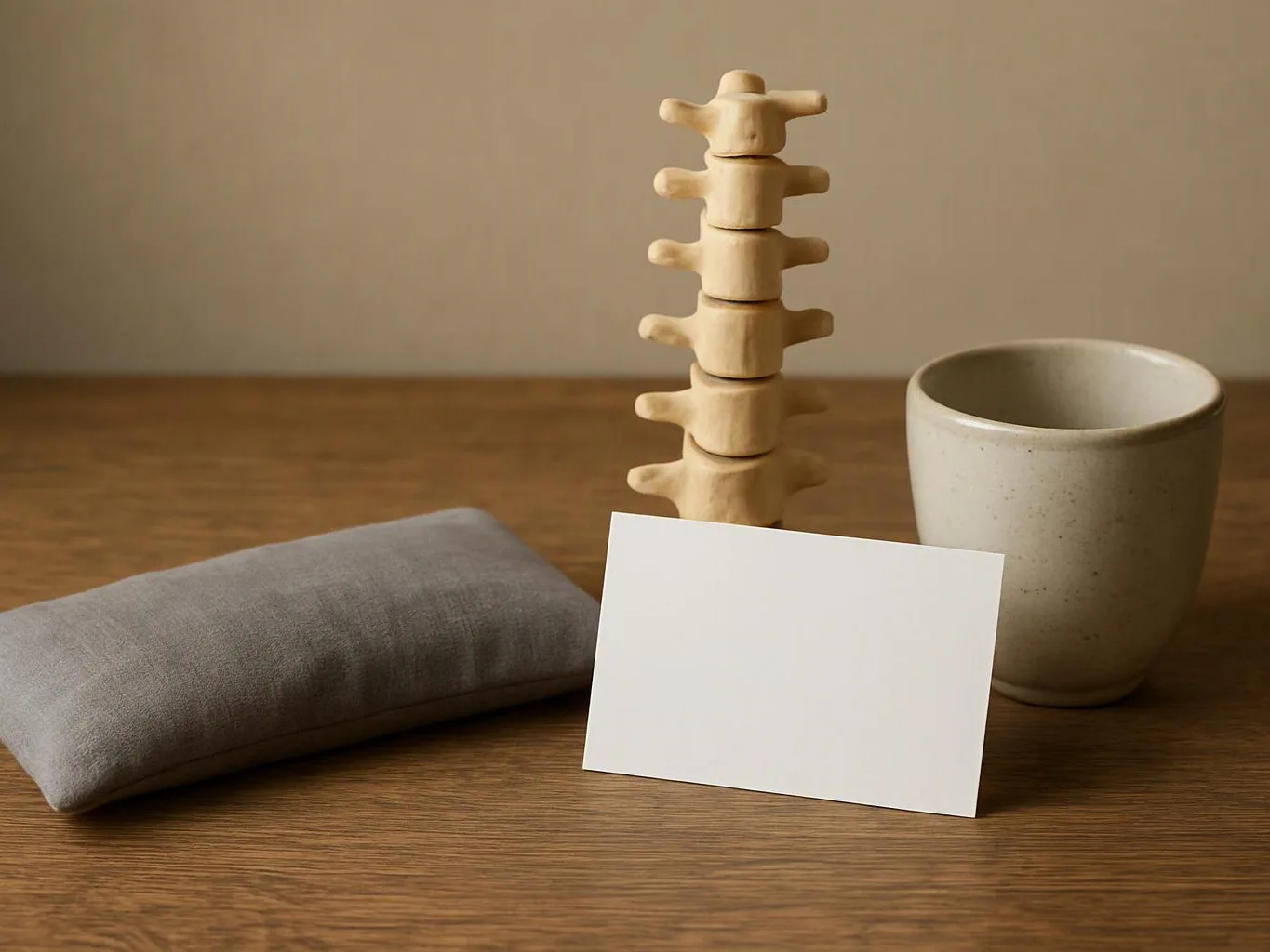 A wooden spine model, blank card, gray cushion, and ceramic cup sit on a wooden table against a plain wall
